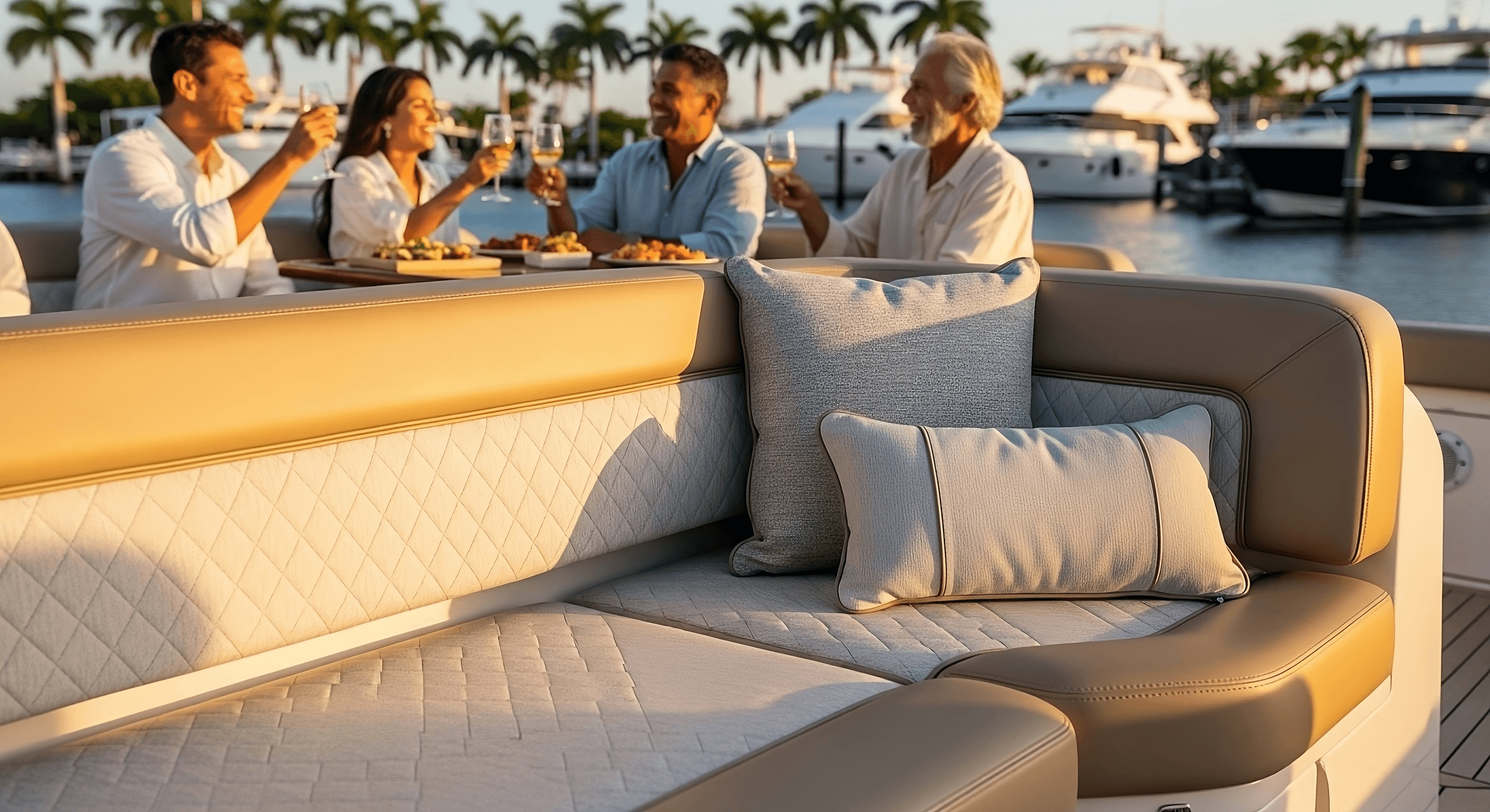 Luxury yacht cockpit with premium diamond-stitched marine upholstery and decorative pillows, golden hour light, and group toasting in background in Miami, South Florida