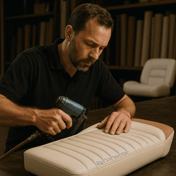 Craftsman at work doing upholstery for boat seats in Florida