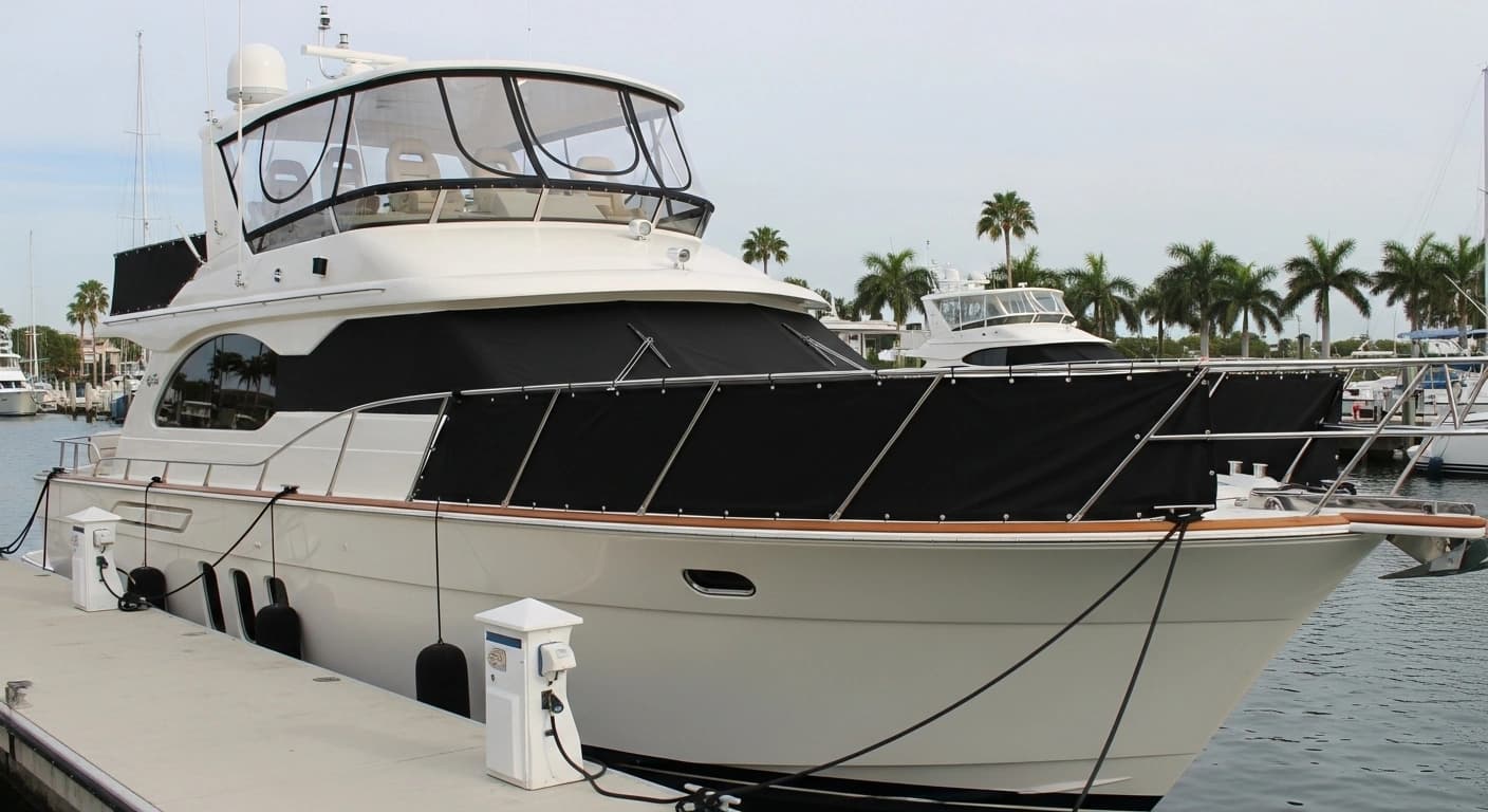 Custom bridge enclosure on a 72-foot Hatteras docked in Palm Beach marina