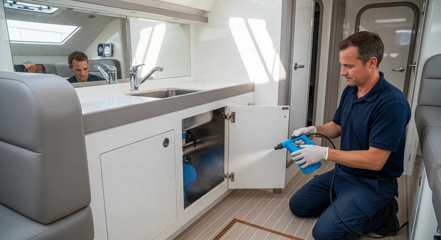 Antimicrobial treatment for galley and head high-moisture areas