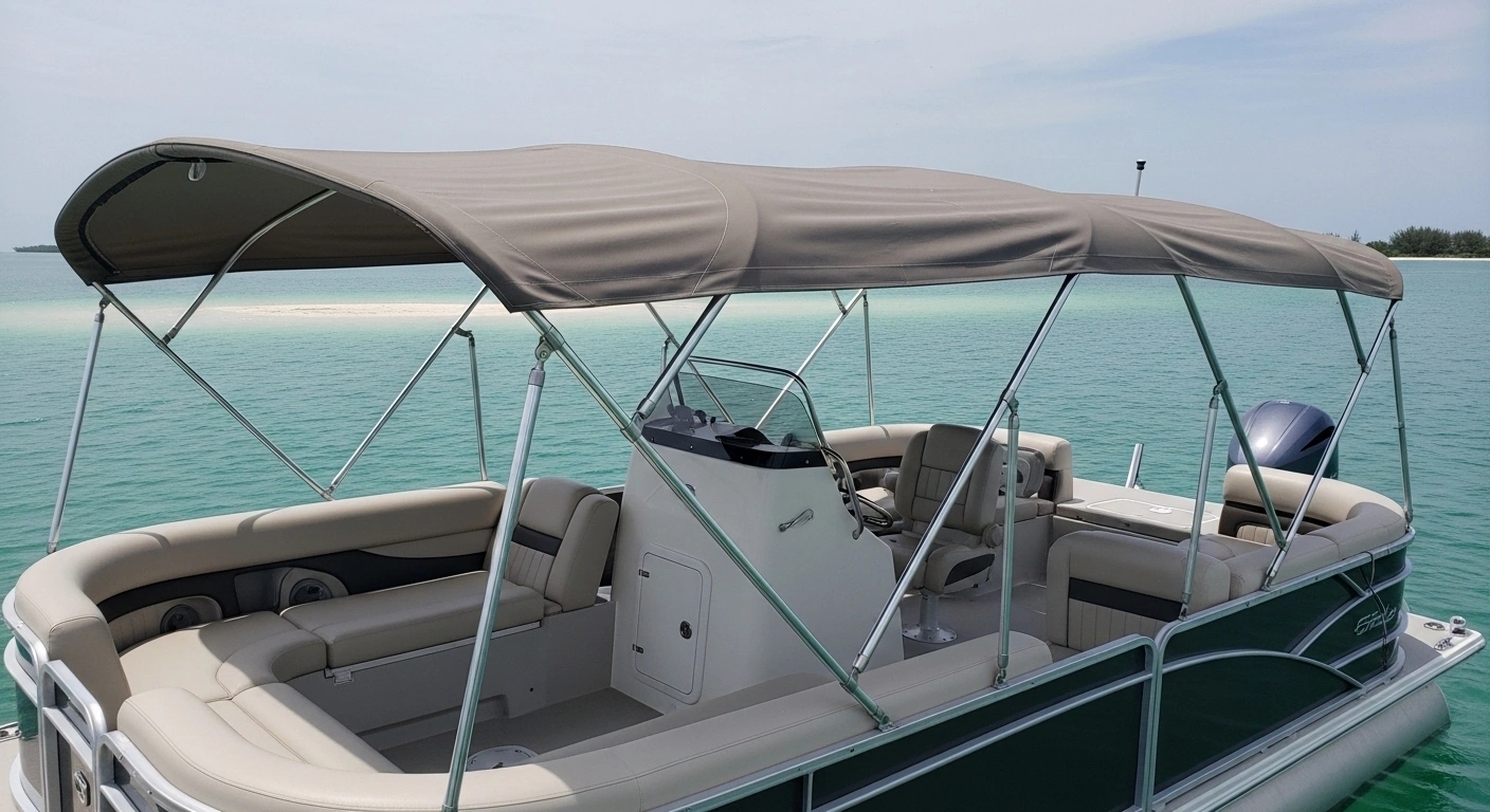 Four-bow bimini top with extended coverage area