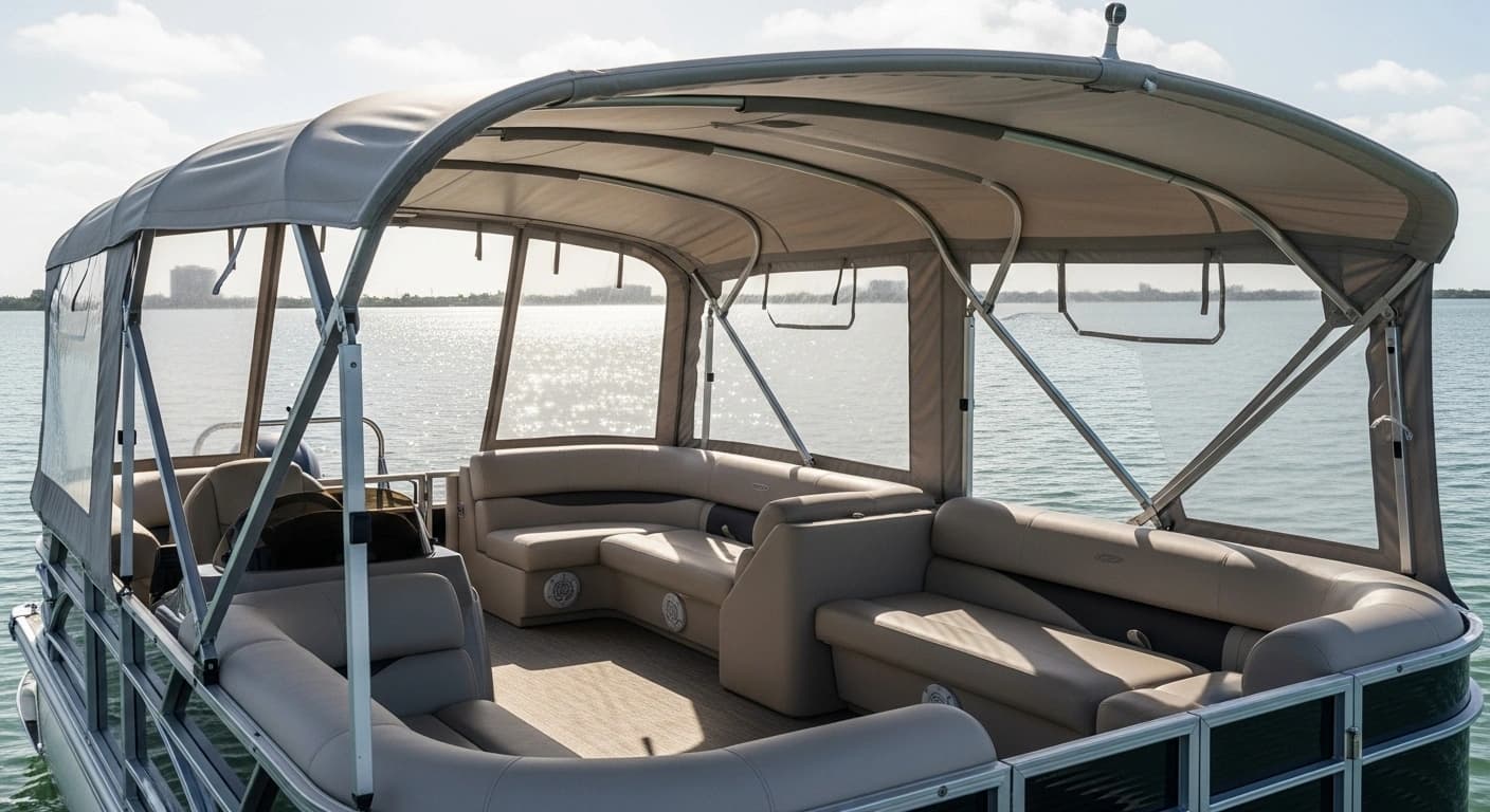 Wide-span bimini top designed for pontoon boats