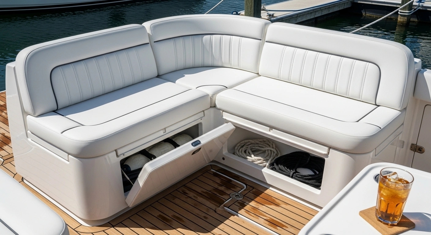 L-shaped corner lounge seating with storage compartments