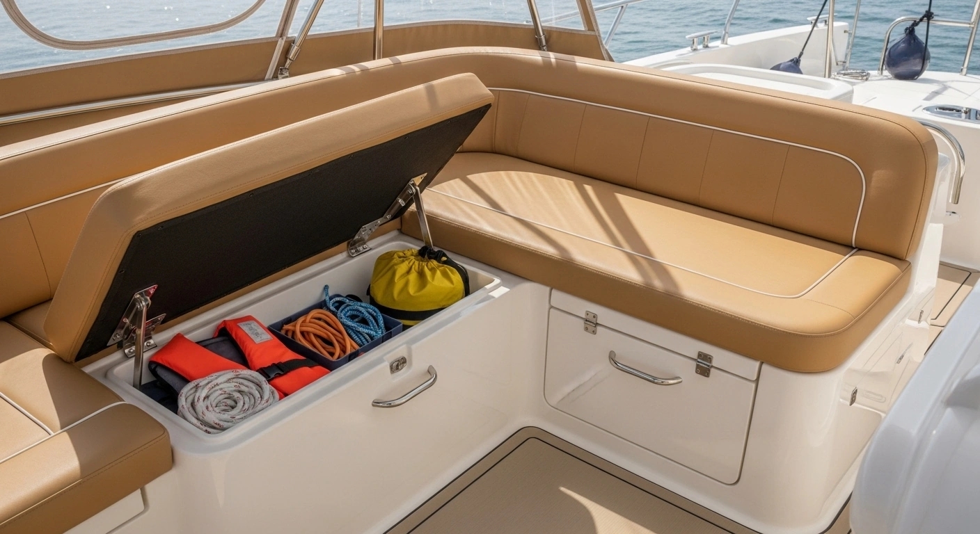 Bench seating with integrated storage compartments and hinged tops