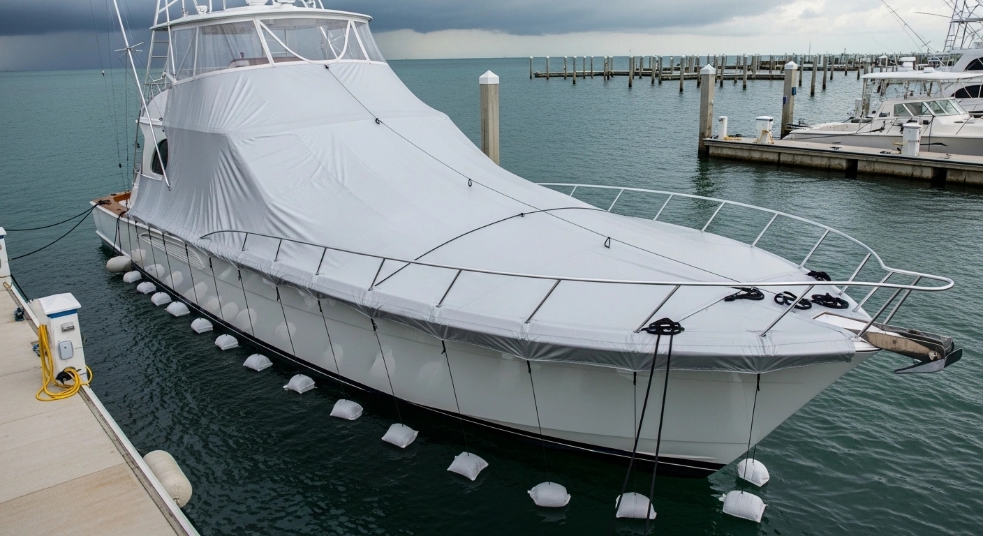 Hurricane-rated boat cover with reinforced storm protection