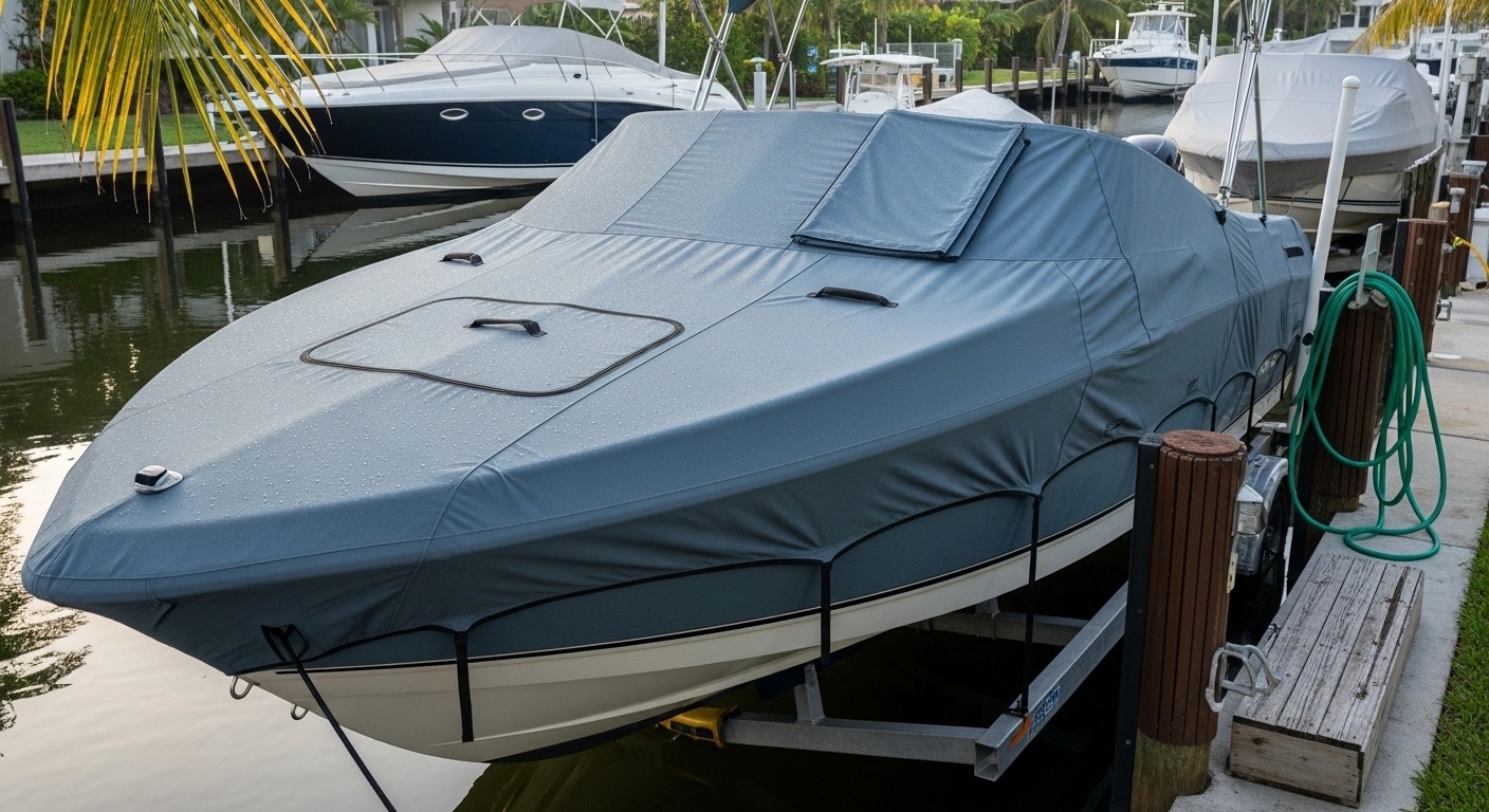 Seasonal boat cover with easy installation and removal features