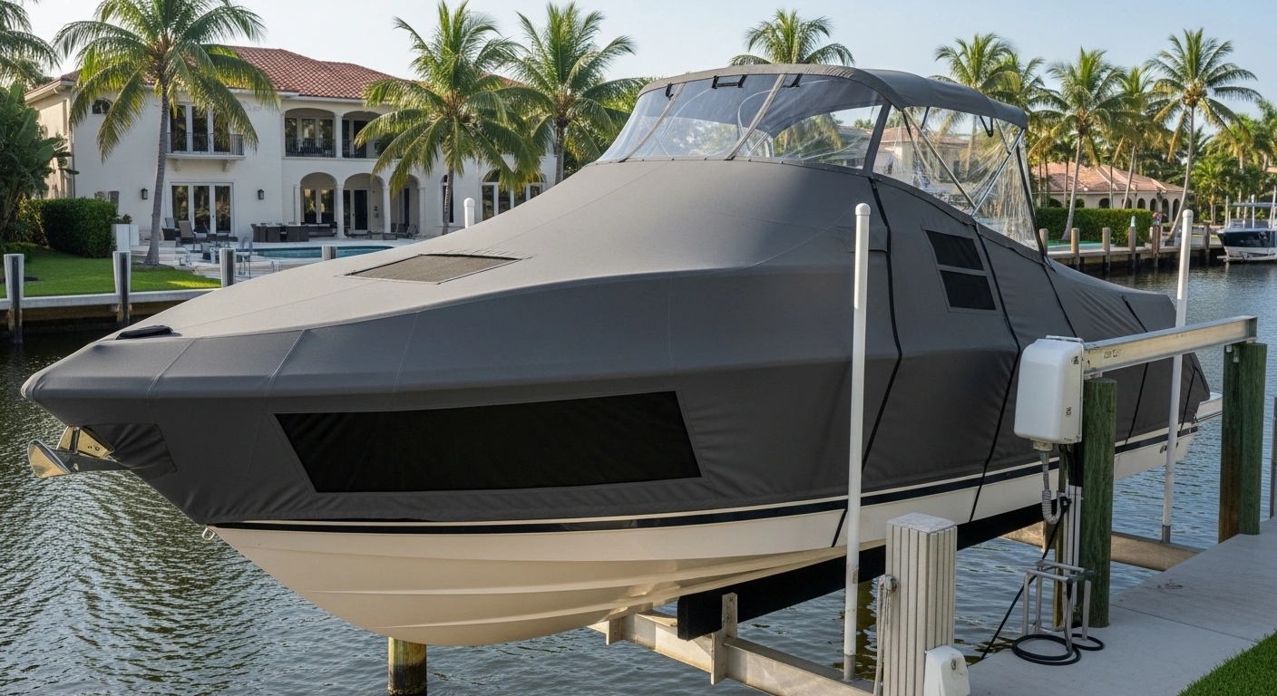 Heavy-duty storage boat cover with UV protection and ventilation