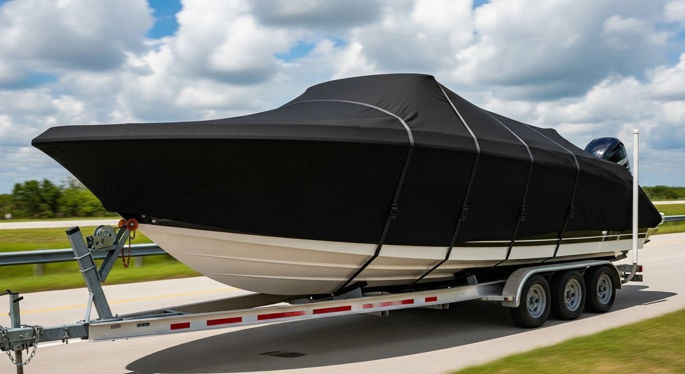Aerodynamic transport boat cover with highway-speed tie-downs