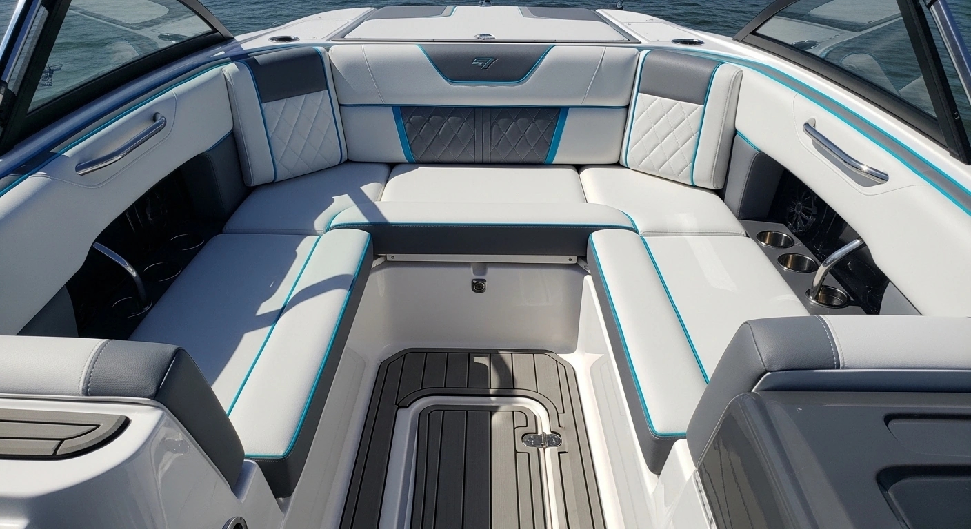 Modern bowrider cockpit with wraparound seating design