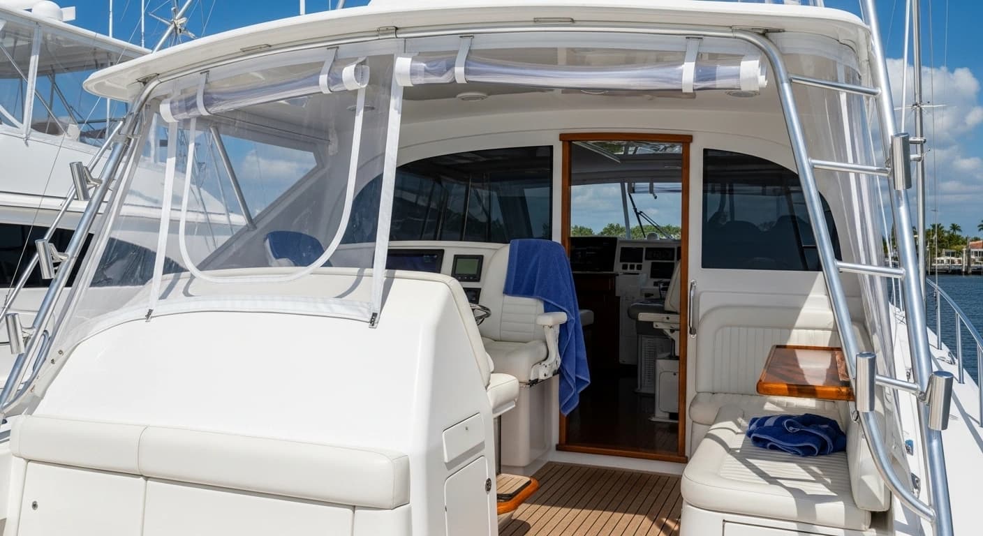 Partial yacht bridge enclosure protecting helm and seating areas