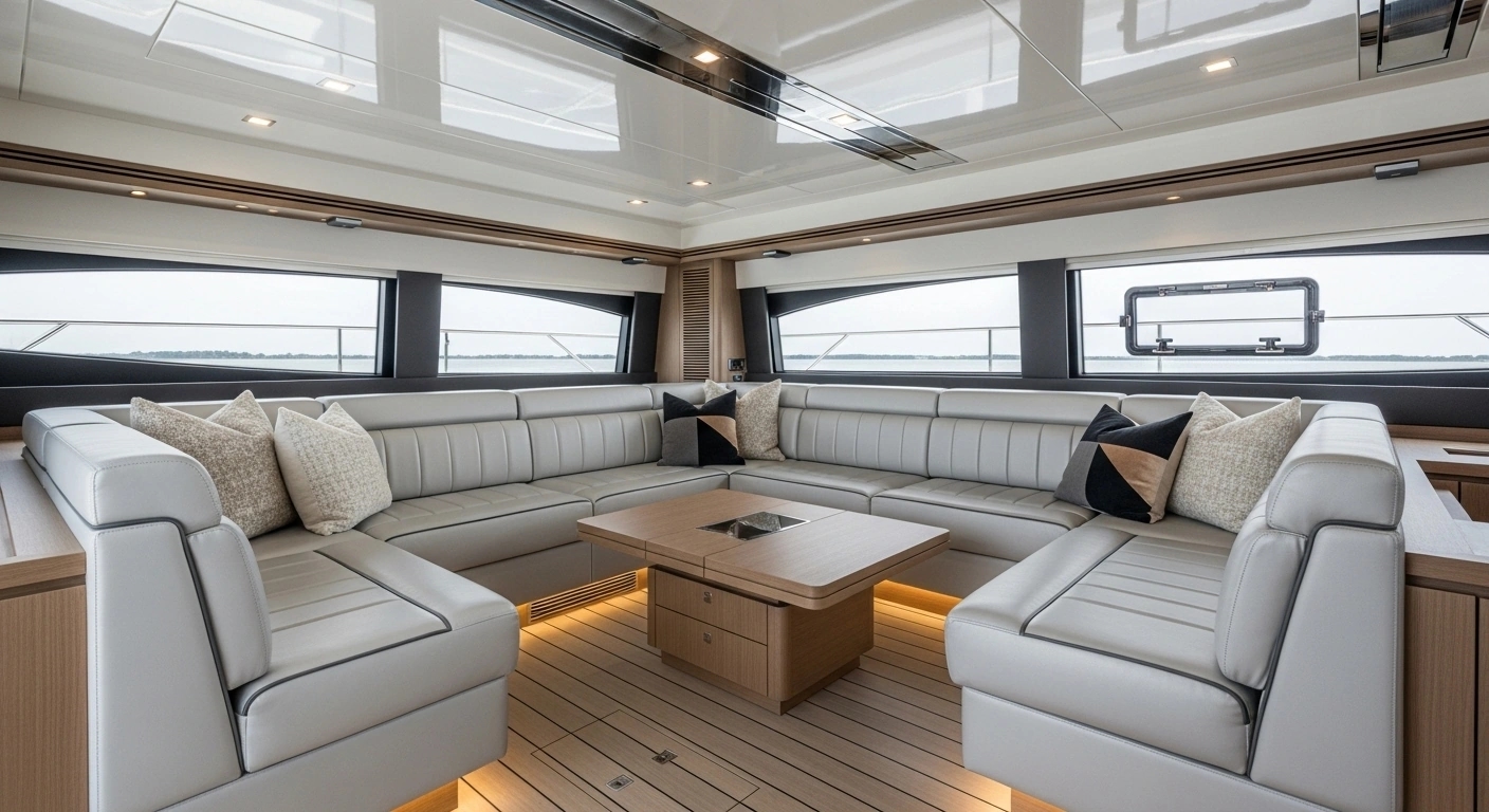 Contemporary yacht cabin with modern upholstery and clean design