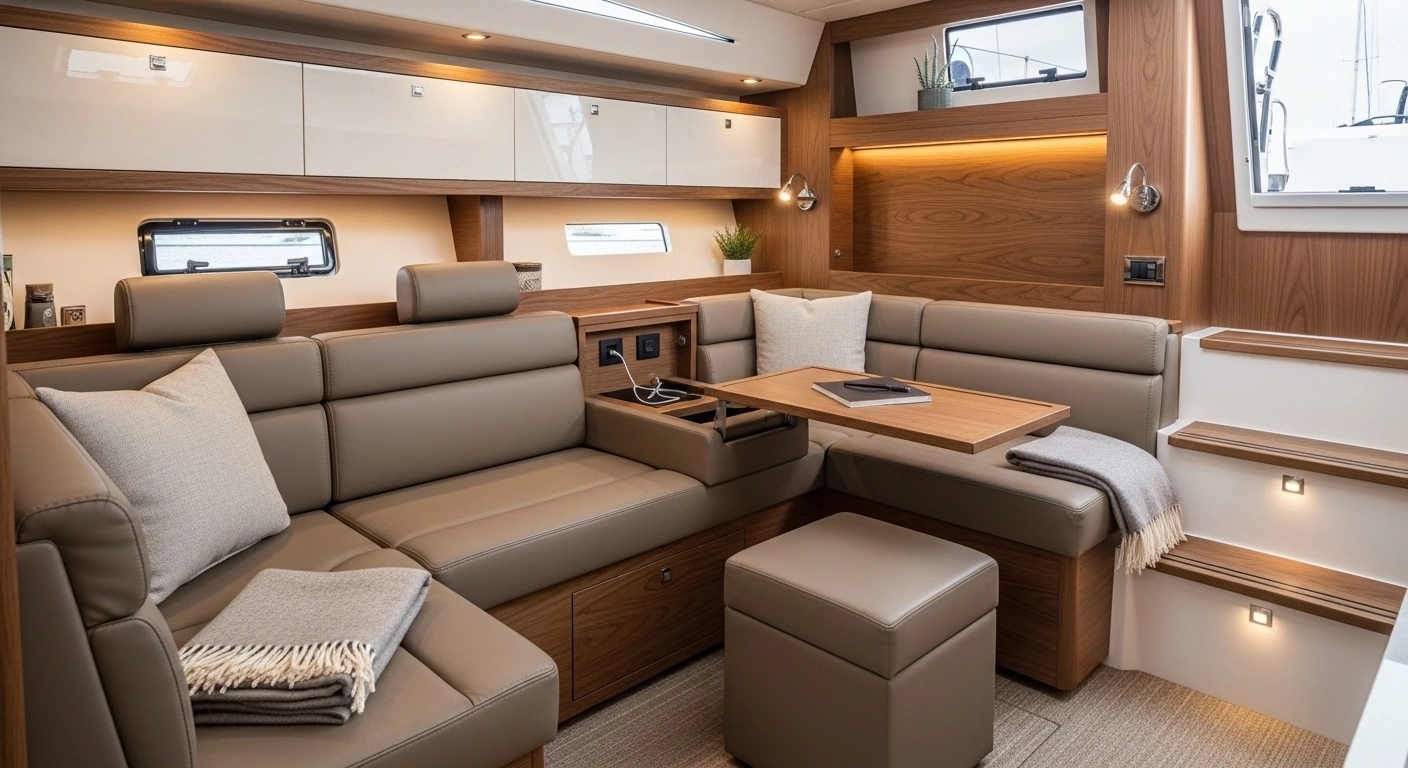 Live-aboard yacht cabin with luxury upholstery and storage solutions