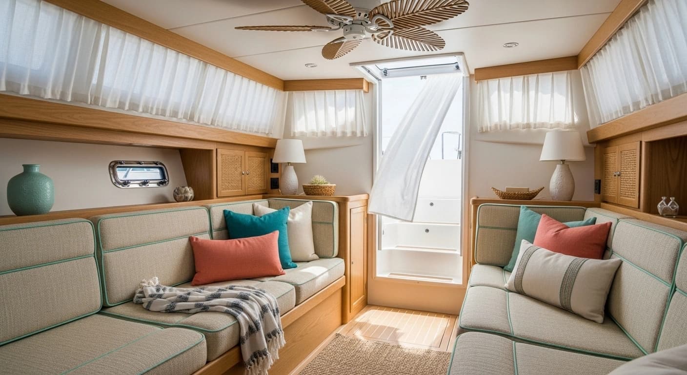 Tropical style cabin interior with light colors and coastal design