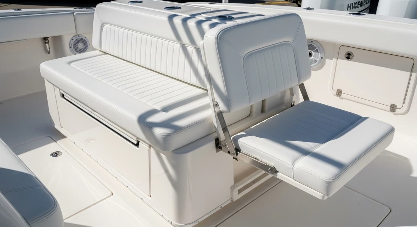 Fold-down bench seating for center console boats