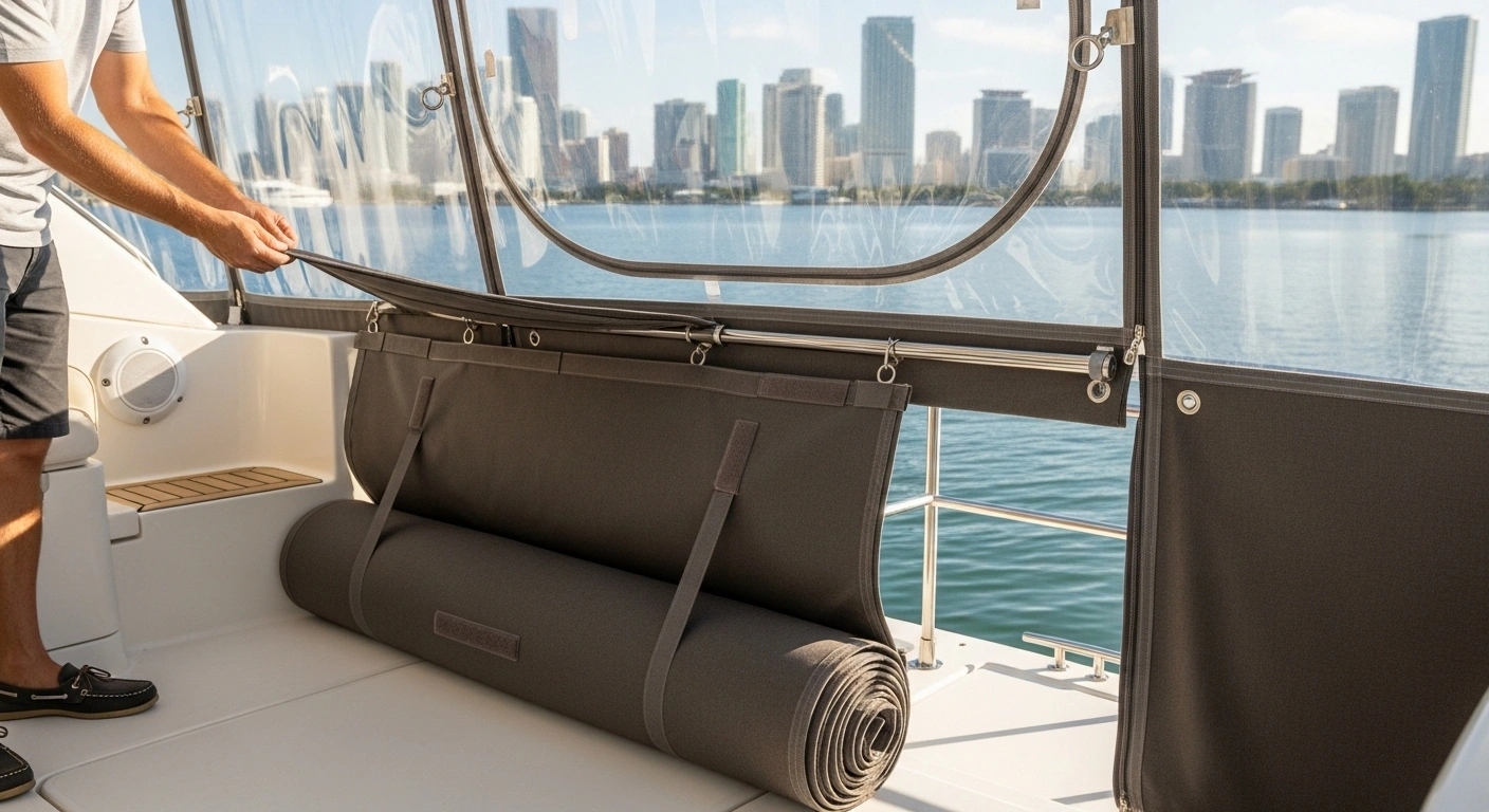 Roll-up convertible enclosure panel system on boat