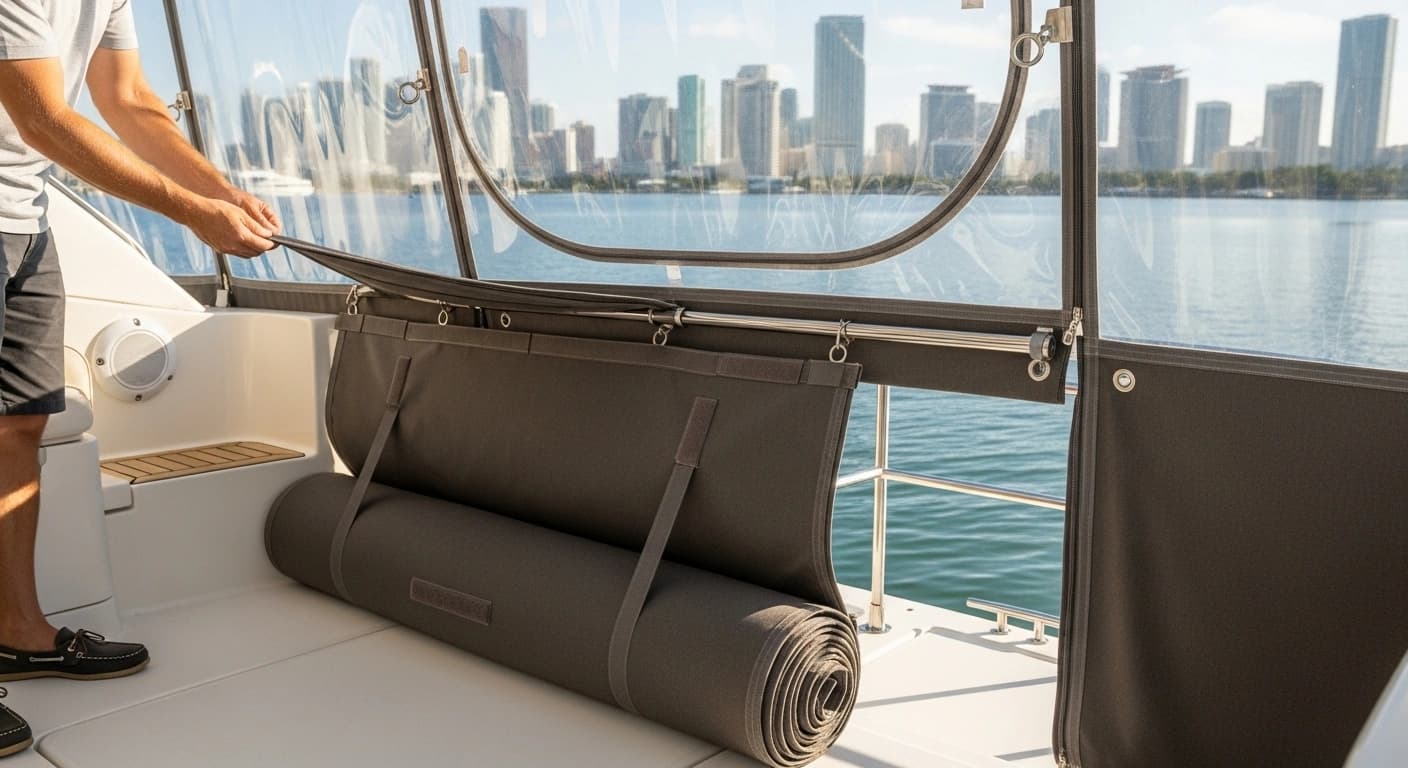 Roll-up convertible enclosure panel system on boat