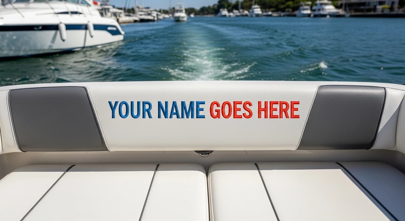 Commercial charter boat branding embroidery on upholstery