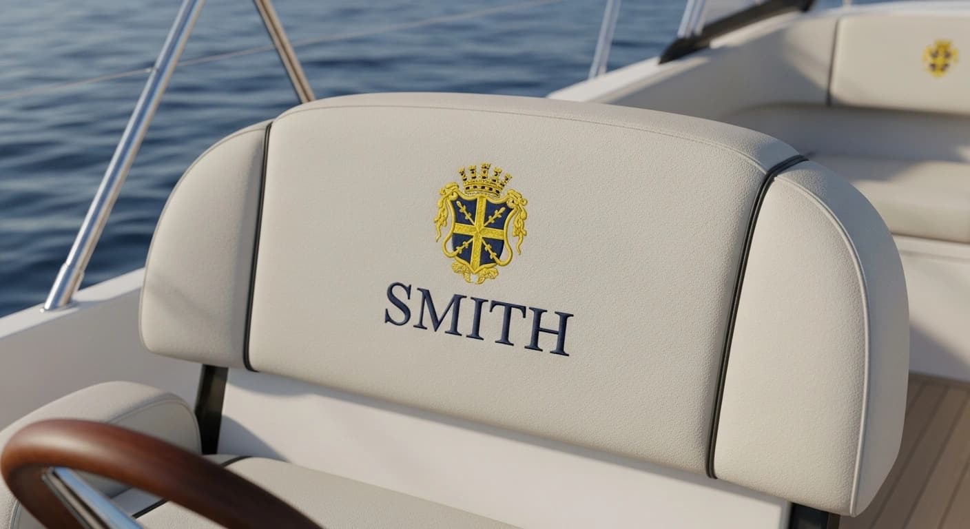 Custom logo embroidery on yacht upholstery and canvas