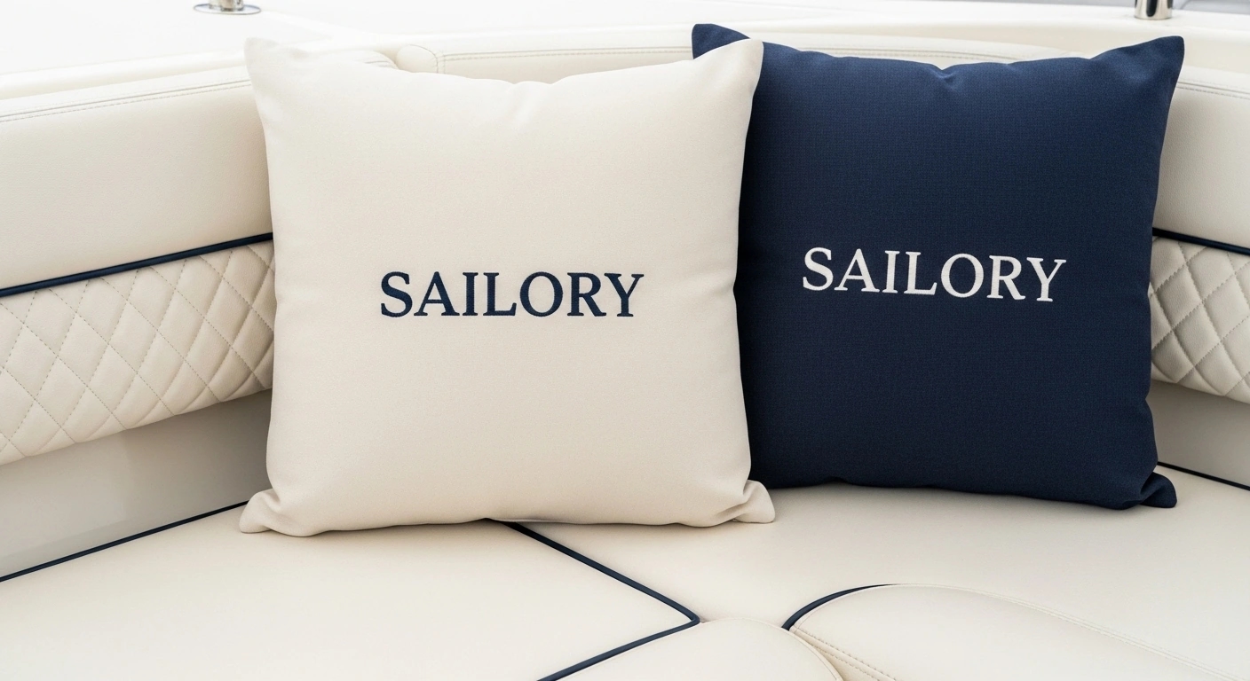 Elegant vessel name embroidery on marine upholstery cushions