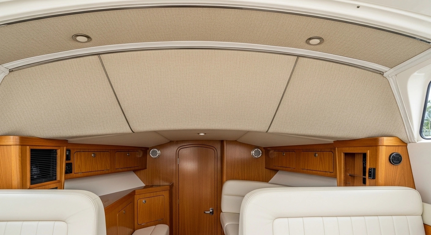 Classic marine fabric headliner in neutral yacht interior colors
