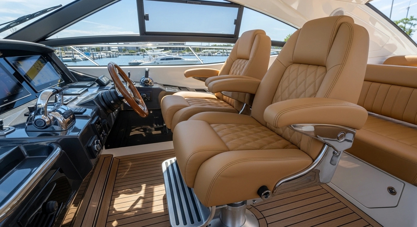 Luxury yacht helm seating with premium leather and adjustments