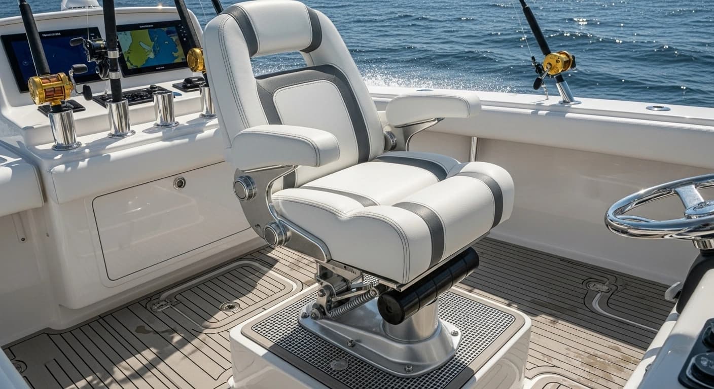 Tournament style helm captain chair with shock absorbing pedestal