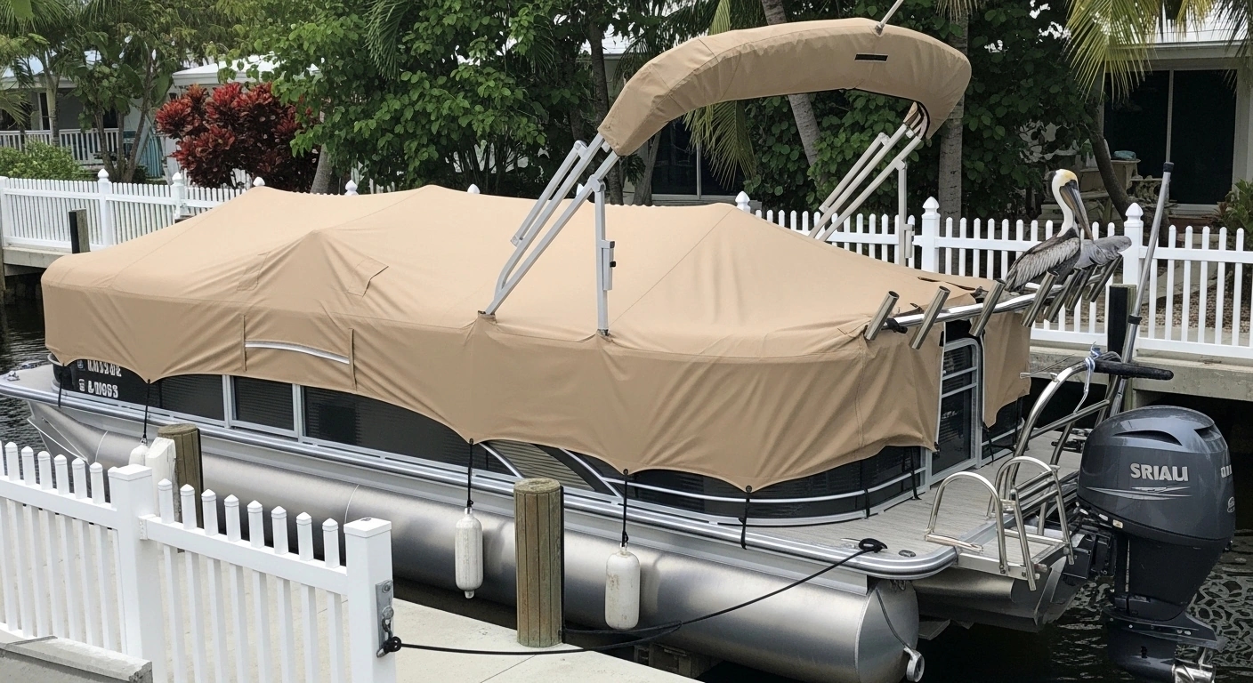Pontoon deck mooring covers with furniture protection