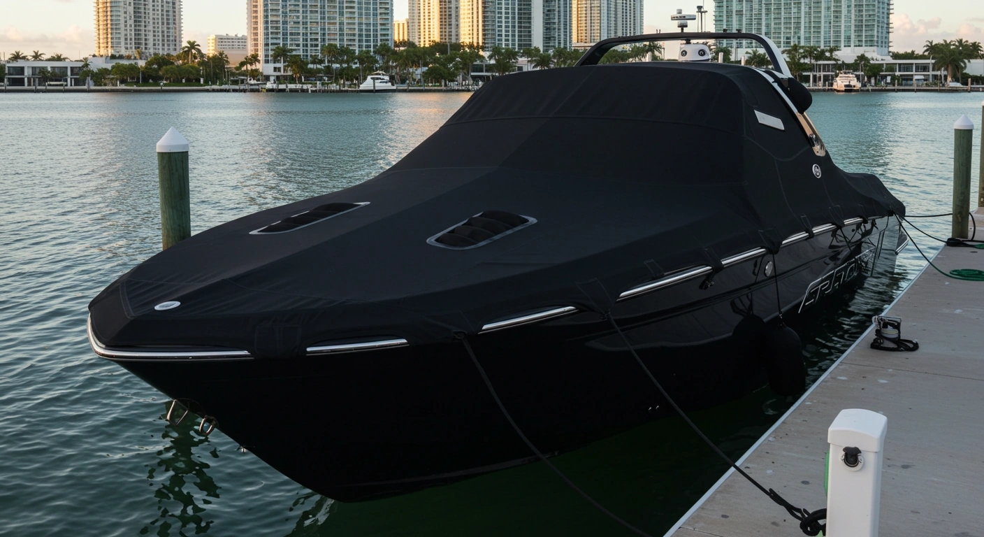 Sport boat mooring covers with quick-release systems