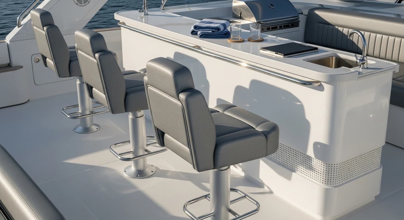 Bar-height outdoor galley seating with weather-resistant upholstery