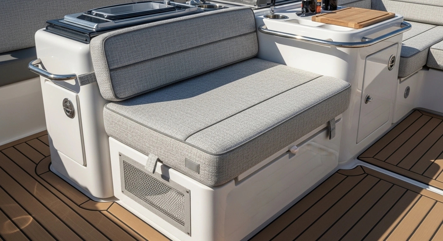 Removable outdoor galley cushions with quick-dry materials