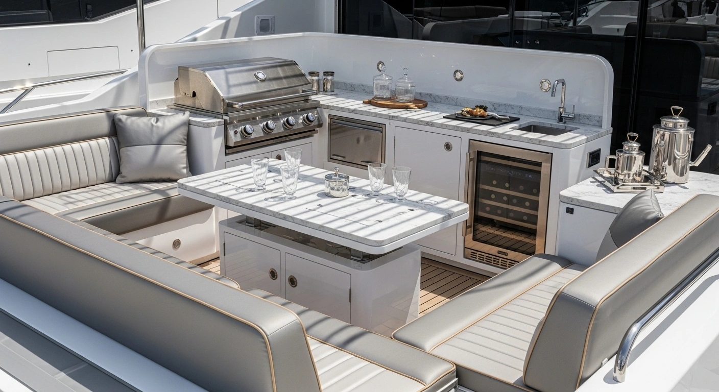 Luxury yacht outdoor galley seating with premium weather-resistant upholstery