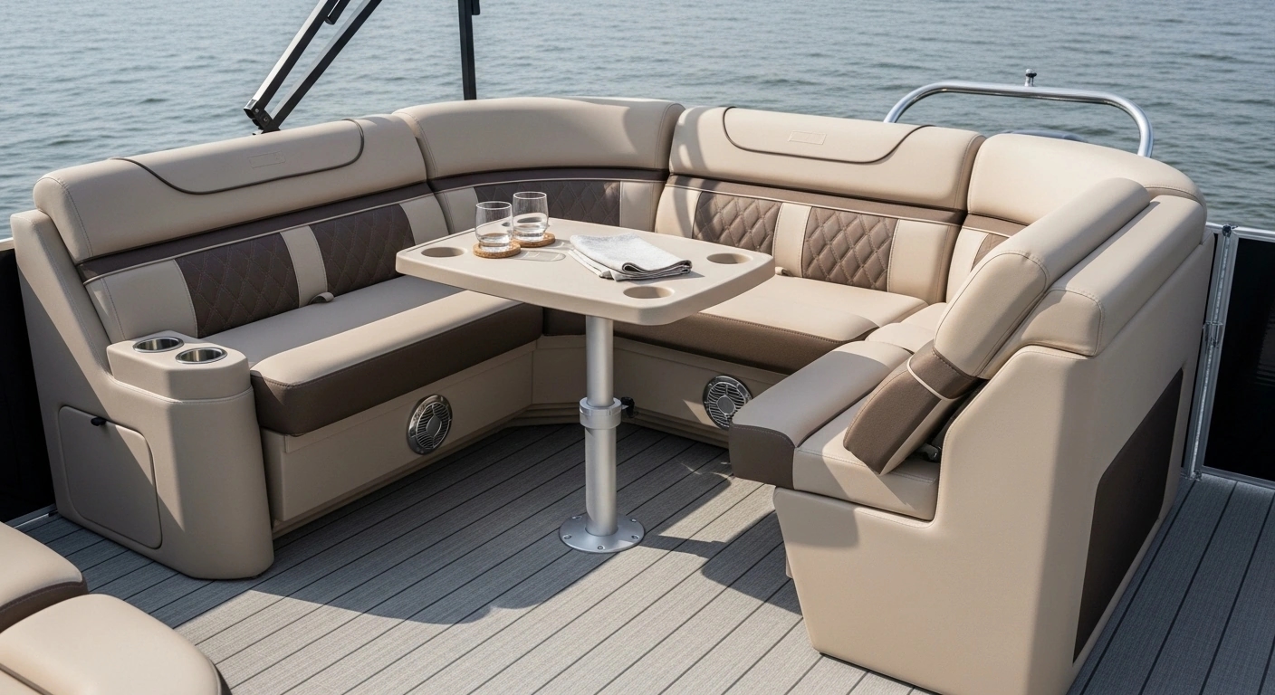 L-shaped pontoon lounge seating with family dining setup