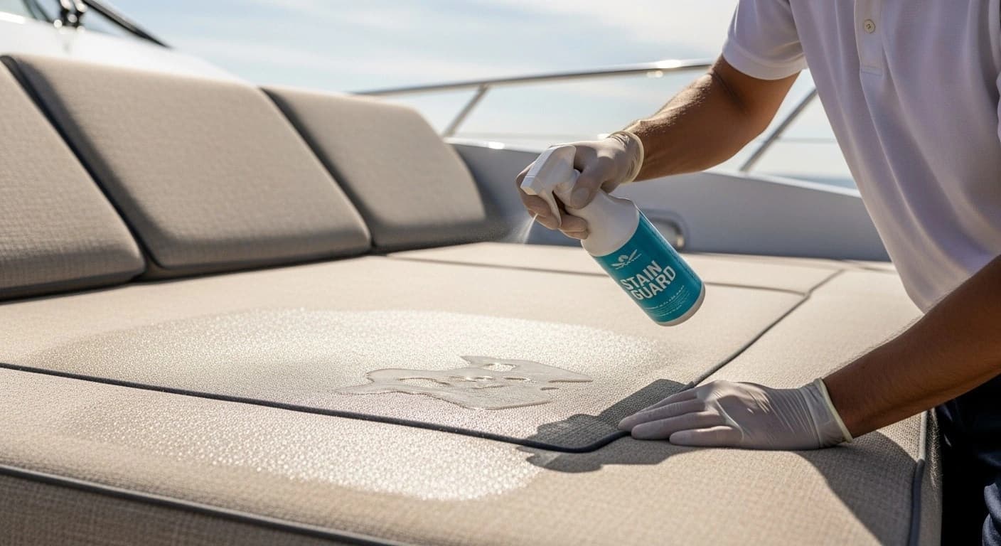 Stain resistance coating application on boat upholstery