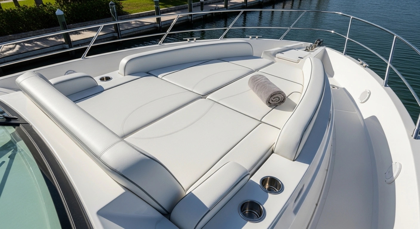 Custom bow sun pad with integrated backrest and armrests