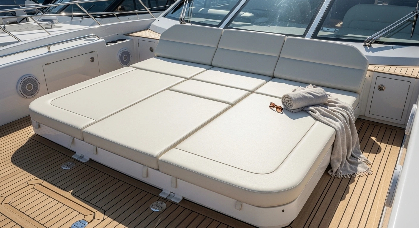 Flybridge sun deck with modular padding configuration