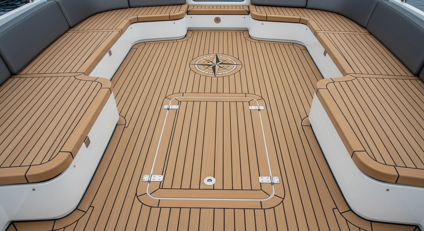 Custom synthetic teak with border patterns and decorative inlays