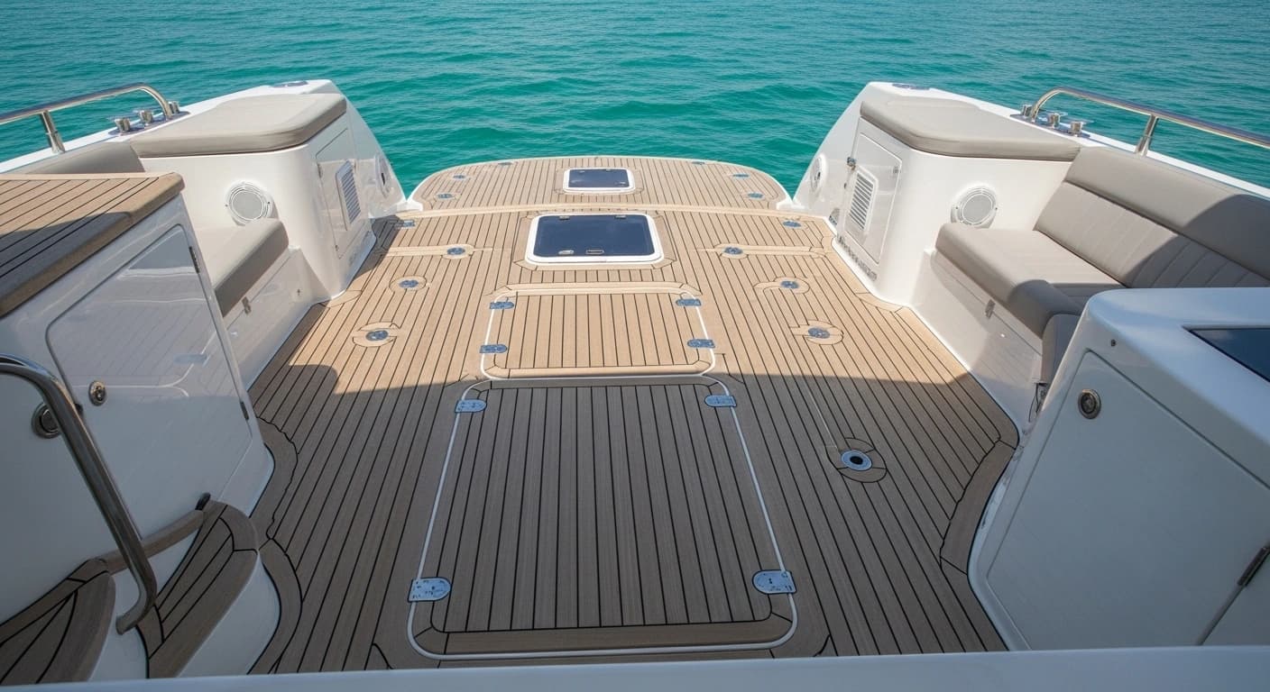 Complete yacht deck covered with synthetic teak installation