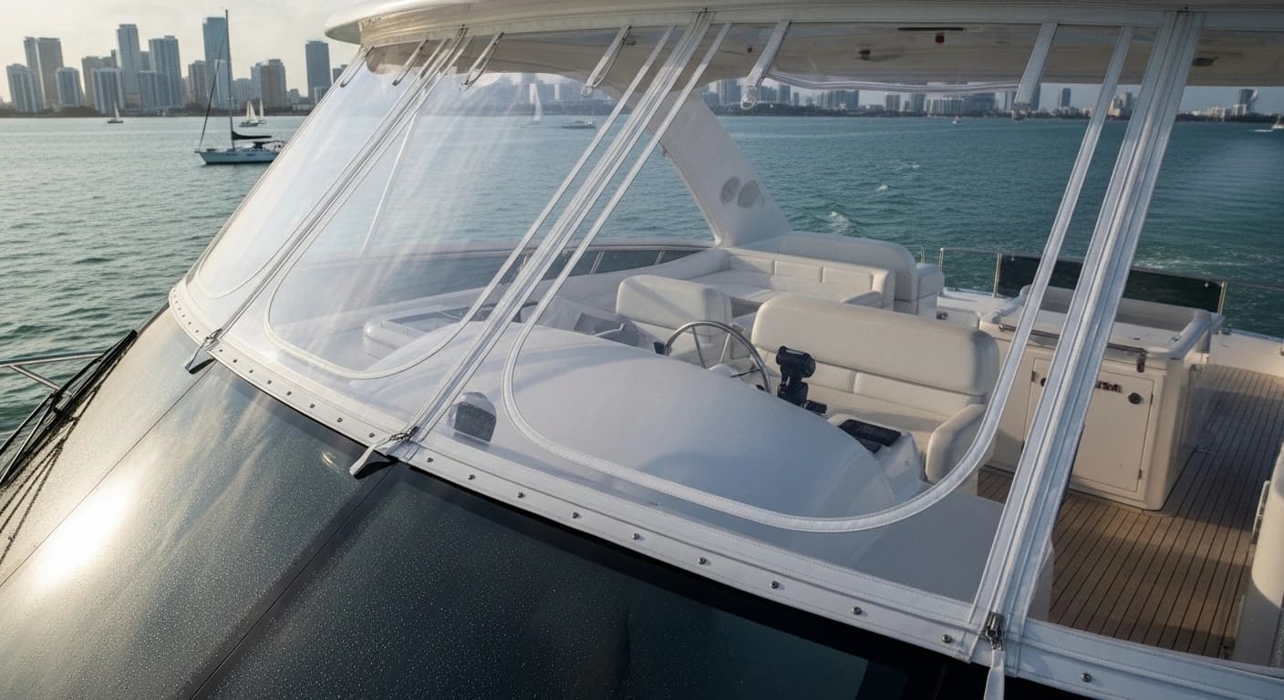 Clear vinyl flybridge enclosure with panoramic weather protection