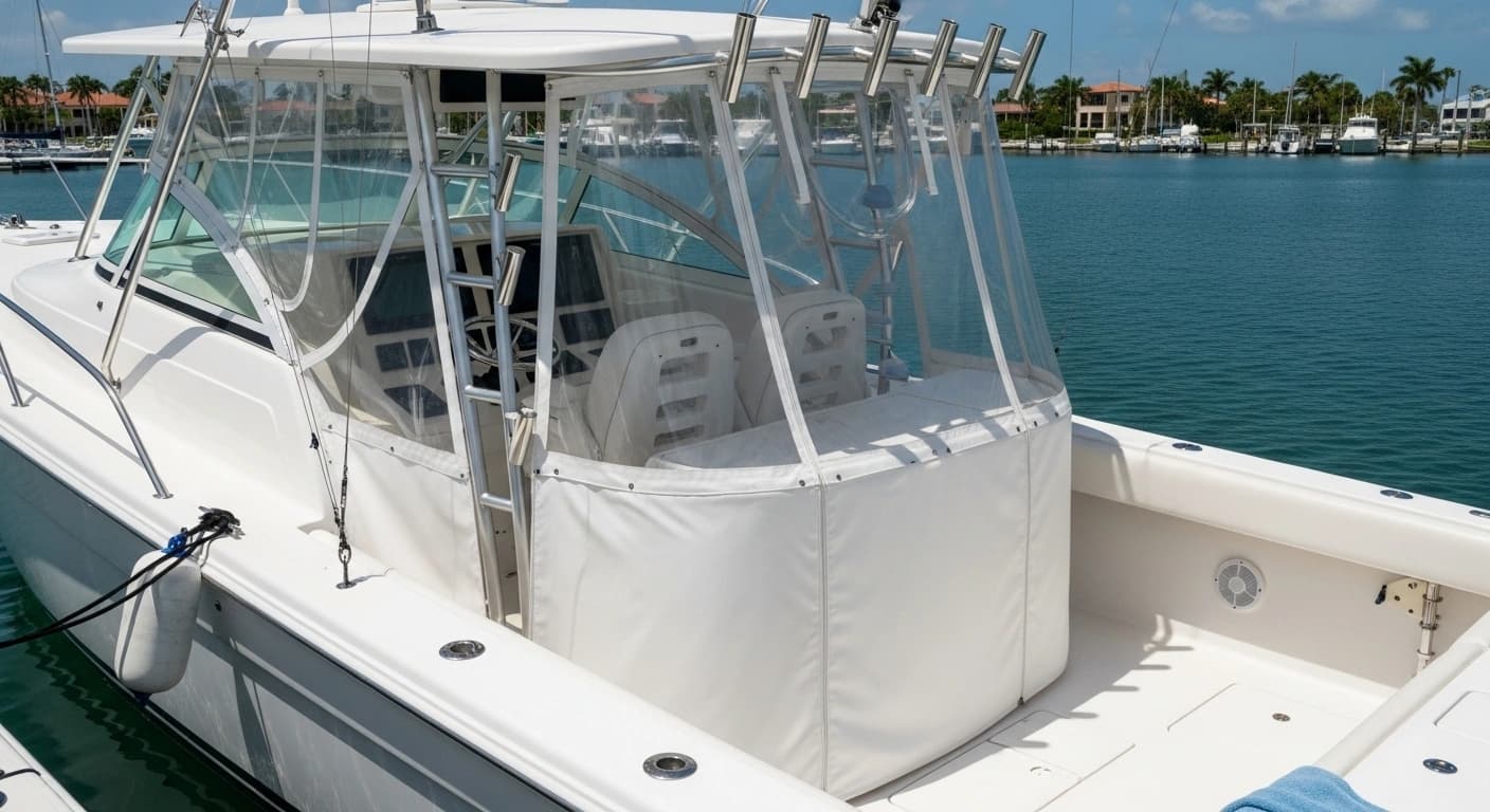 Partial clear vinyl enclosure for helm and seating areas