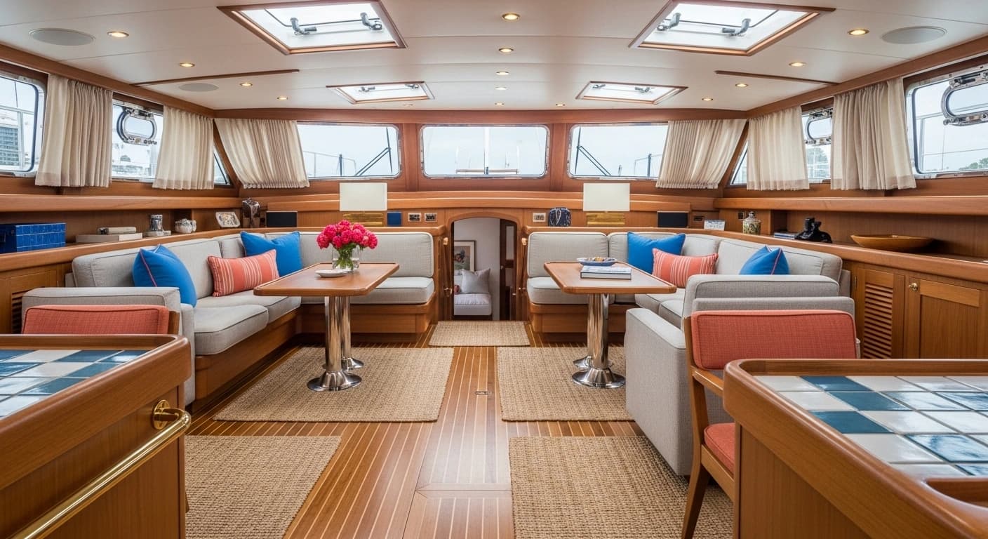 Mediterranean inspired yacht interior with warm styling
